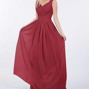 Maroon V Neck Long Chiffon Bridesmaids Dress with Bow